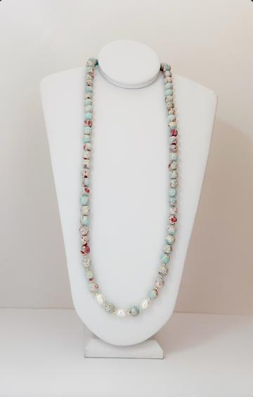 Collar de jaspe oceánico azul y rojo natural con perlas - Esferas