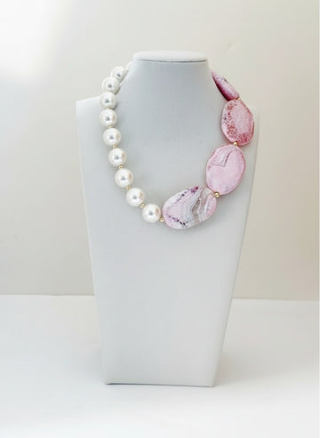 Collar de ágata rosa con perlas grandes - Esferas