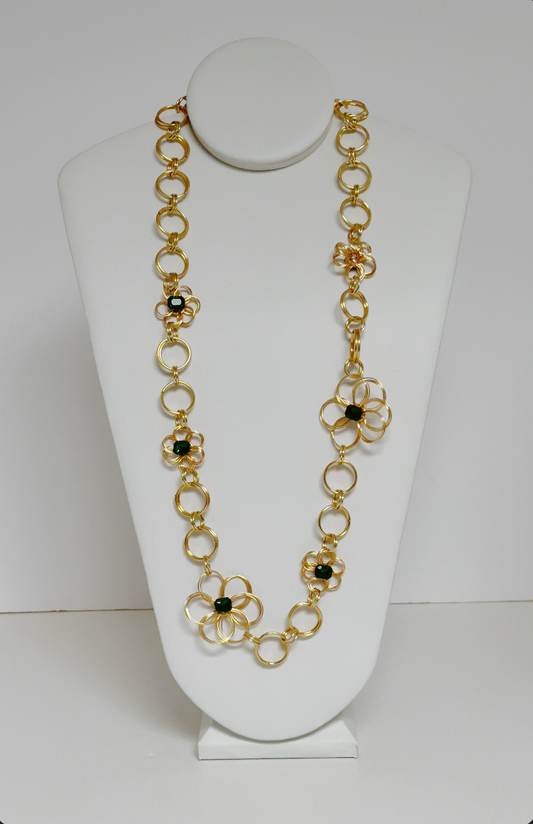 Gold Flowers with Green Emeralds Necklace - Olí