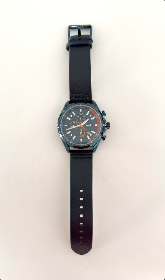 Chronograph Blue Watch Stainless Steel Case and Leather Band 42mm - Sami