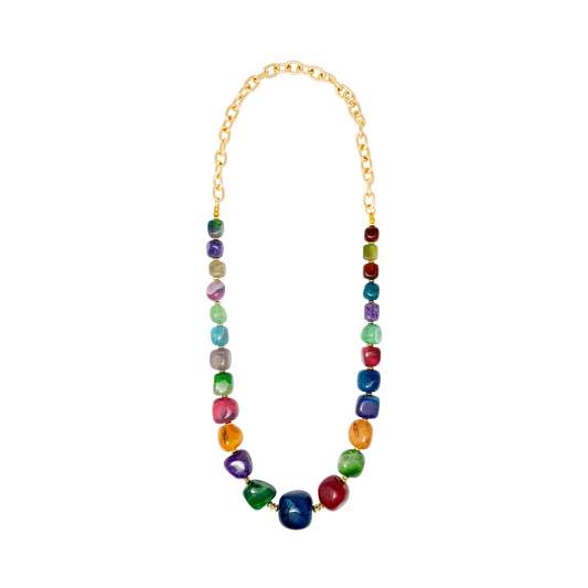 AMANDA NECKLACE - CHUNK AGATE NECKLACE W/CHAIN - MULTICOLOR