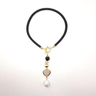 COLLAR NEGRO MESH CON DIJES BLACK ONYX DORADO PERLAS
